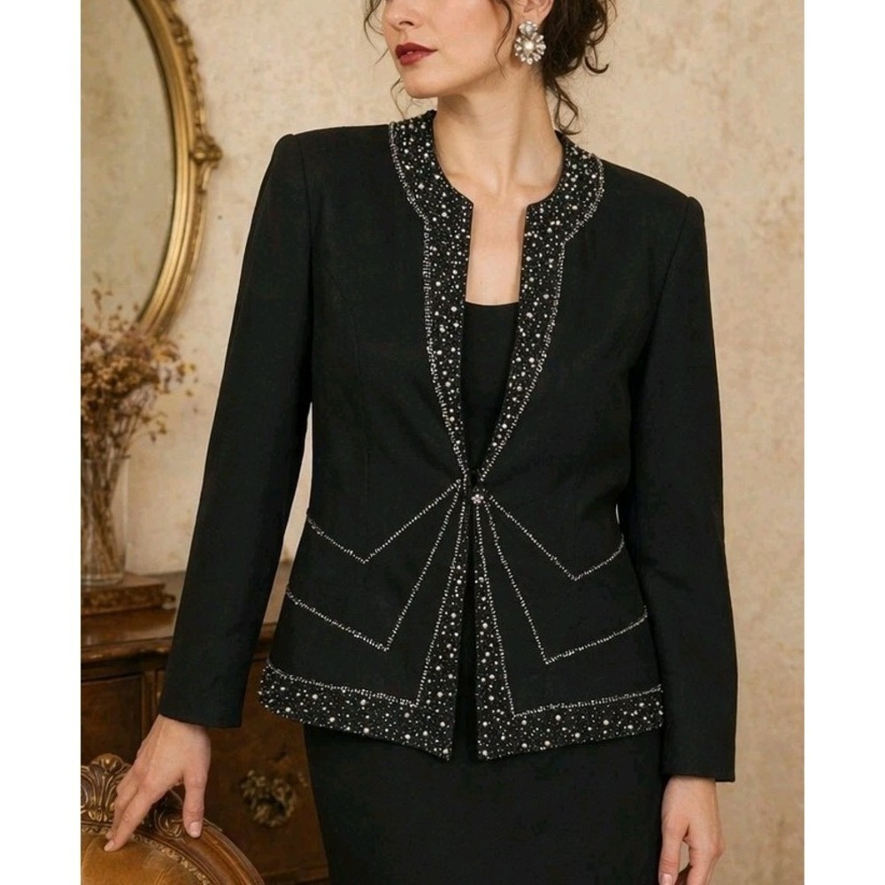 Vintage 90s Chancelle Beaded Black Blazer Formal Evening Jacket Sz 14